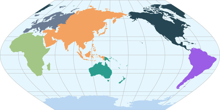 World vector map with continent boundaries and graticules in Asia-Pacific view (Eckert V projection, PPT-compatible, pre-colored & fully editable)