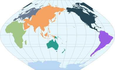 World vector map with continent boundaries and graticules in Asia-Pacific view  (Winkel I projection, PPT-compatible, pre-colored & fully editable)