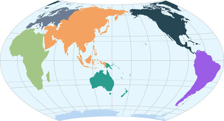 World vector map with continent boundaries and graticules in Asia-Pacific view (Wagner VII projection, PPT-compatible, pre-colored & fully editable)