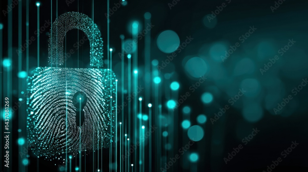 Poster holographic padlock with fingerprint icon displayed in a cybersecure environment representing advanc