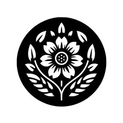 Black and White Floral Emblem in Circle, Minimalist Design