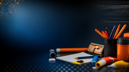 Vibrant desk setup with stationery and tools on a blue background, ideal for creative projects