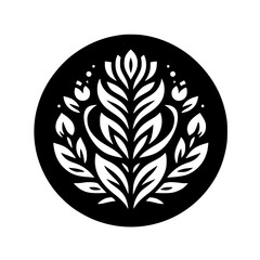 Floral Emblem in Circle, Black and White Minimalist Design