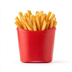 French fries in red container on white background