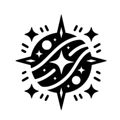 Black & White Celestial Icon: Starry Planet Illustration