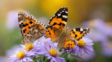 Two butterflies on purple flowers in a beautiful garden scene