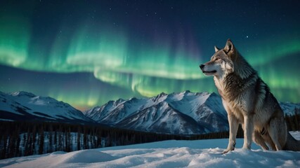 Wolf with Northern Lights in Snow Covered Mountain Landscape