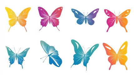 Colorful butterflies grouped on white background for decorative or artistic use