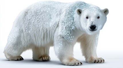 Fototapeta premium Majestic polar bear with snowflakes on fur standing against a white background in winter scene