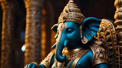 Fototapeta premium The statue of Lord Ganesha is detailed, seated in a meditative pose. Ornate, golden-toned garments, intricate details, and rich teal blue embellishments. Lord Ganesha.