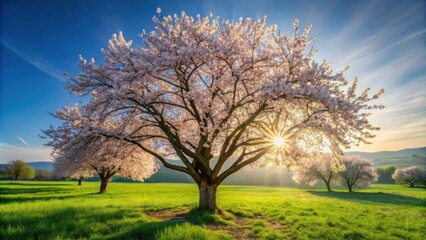 Obraz premium Serene Sunrise Illuminates Blossoming Trees in a Verdant Meadow
