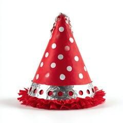 Red polka dot party hat decoration on white background
