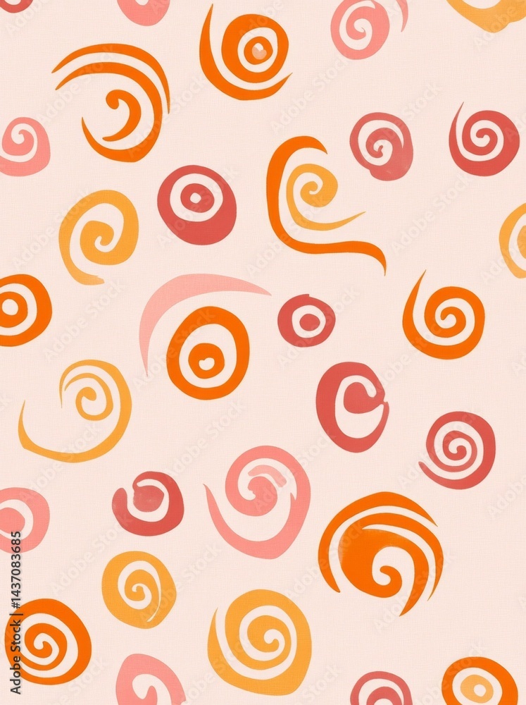 Poster geometric block print style pattern featuring swirling peach and orange lines over a pink background