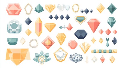 Colorful gemstone collection; design elements; white background; jewelry design