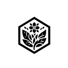Geometric Floral Illustration in Hexagon, Black and White, Minimalist Design