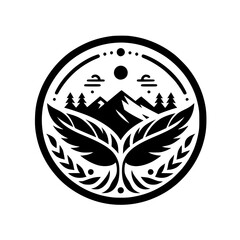 Black and White Nature Logo: Mountains, Leaves, and Circle Emblem