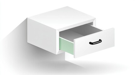 Minimalist White Drawer with Opened Front and Green Interior on Bright White Background