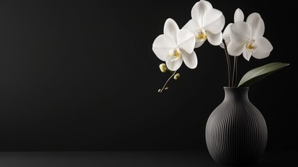 Elegant White Orchids in a Dark Vase - A Stunning Floral Arrangement on black background