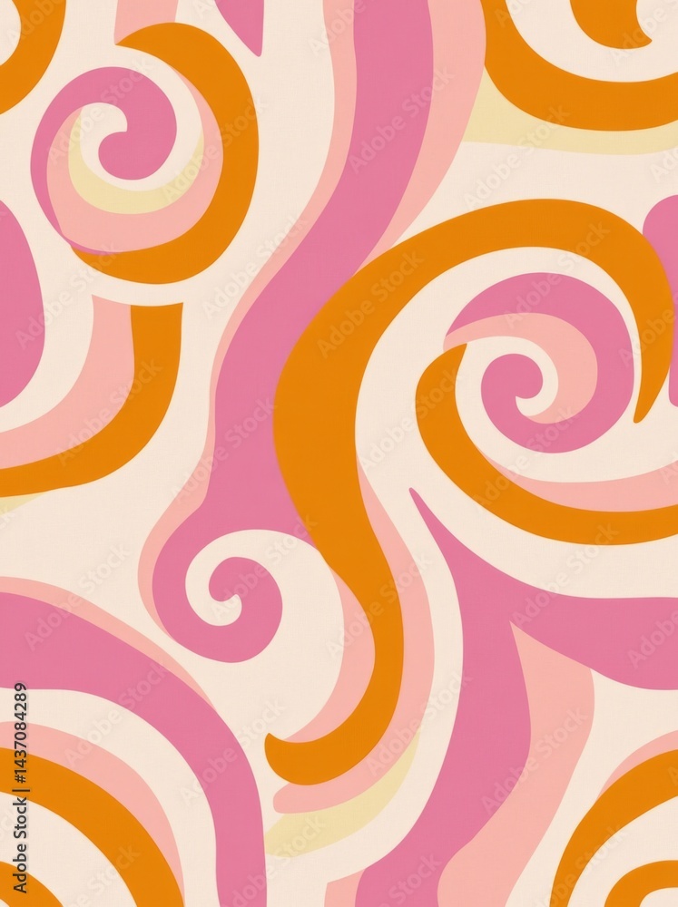Poster geometric block print style pattern featuring swirling peach and orange lines over a pink background