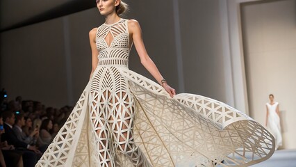A model showcases a white patterned dress on a fashion runway show