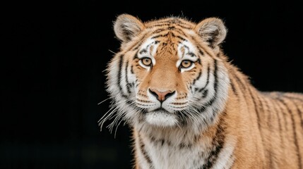 Fototapeta premium Majestic Tiger Portrait Wild Cat Orange Fur Dark Background Closeup Intense Gaze Pow