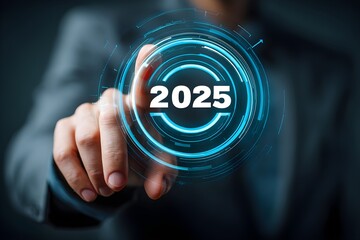 A businessman touches a digital target symbol with "2025", symbolizing strategic goal setting for the future. Business plan target strategy, Planning and challenge business strategy in new year