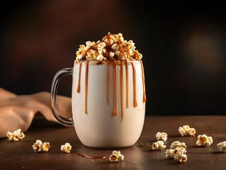 Elegant Caramel Coffee in White Glass with Popcorn Accents on Dark Brown Background