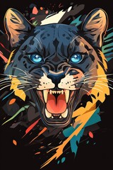 Obraz premium Snarling Big Cat Pixel Art with Vibrant Paint Splatter