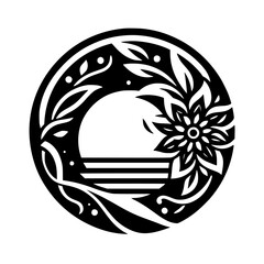 Naklejka premium Black & White Floral Mandala with Sunset Silhouette, Circular Design