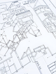 Fototapeta premium High-detail architectural blueprint showing structural plans and technical drawings for construction, design, project planning, and engineering.