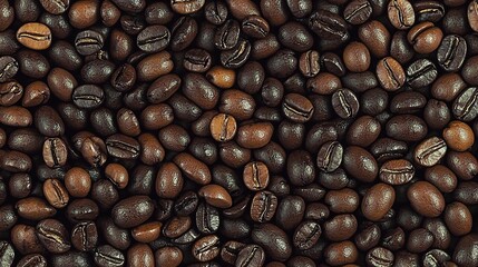 Dense background of assorted coffee beans displaying rich textures and varying dark brown roasting shades, creating a detailed and high-quality pattern for premium stock photography.
