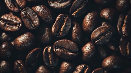 Dense background of assorted coffee beans displaying rich textures and varying dark brown roasting shades, creating a detailed and high-quality pattern for premium stock photography.
