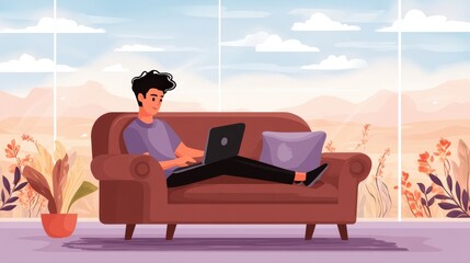 Fototapeta premium Young man working on laptop while relaxing on brown sofa in modern living room with scenic view