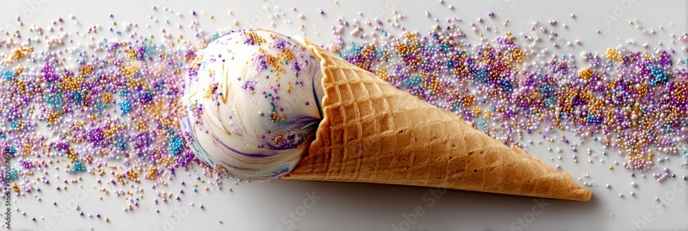 Poster delightful gelato cone topped with colorful sprinkles on a bright white surface in a festive setting