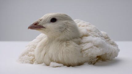 White Bird Nestled in Soft Fluffy White Material Against a Minimalist Background