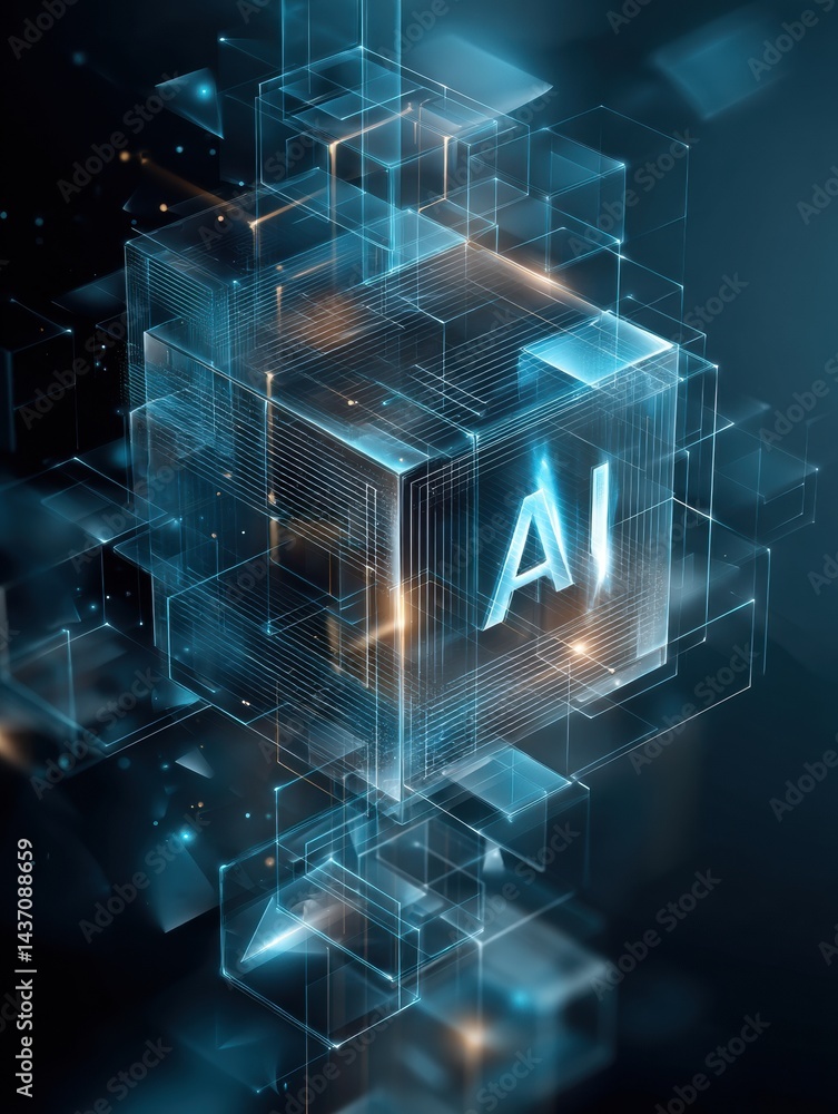 Aufkleber floating hologram of ai logo surrounded by digital cubes in a futuristic tech environment