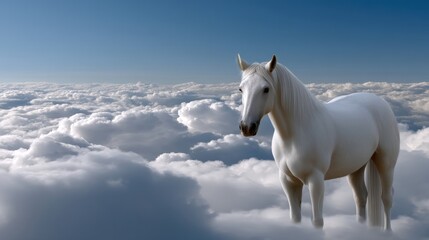 Obraz premium Majestic White Horse Standing Among Soft Fluffy Clouds Under Bright Blue Sky