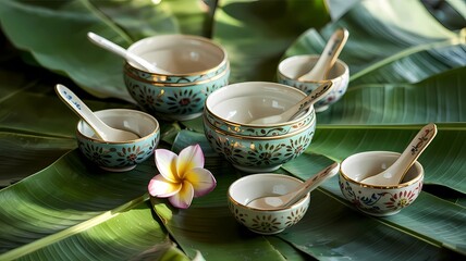 Blue and gold floral bowls with ceramic spoons on banana leaves and a frangipani.