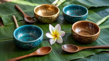 Various colored metal and wooden bowls with wooden spoons on banana leaves and a frangipani.