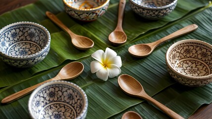 Blue and white patterned bowls and wooden spoons on fresh banana leaves with a white frangipani.