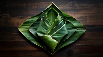 Dark green banana leaves folded into a triangular layered shape on a dark wooden background.