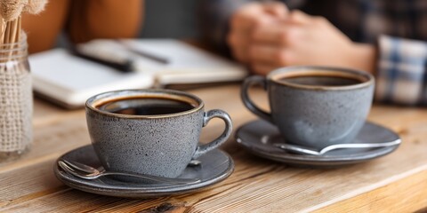 Two coffee cups on a wooden table. People are sitting, enjoying a coffee break. Suitable for use in cafes, restaurants, or lifestyle imagery