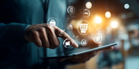 E-commerce and Online Business. Businessmen use technology and the internet to analysis data for online shopping, by customers use these platforms to purchase and sell services across a network.