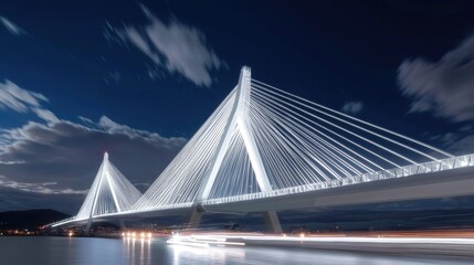 Fototapeta premium Modern cable-stayed bridge at night over a waterway
