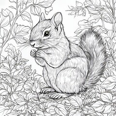 Detailed Squirrel Coloring Page with Intricate Leaf Background