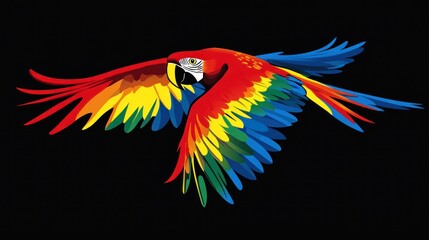 Fototapeta premium Scarlet Macaw in flight, black background, vibrant plumage, wildlife illustration