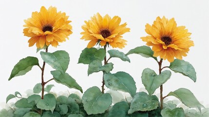 Three Sunflowers Watercolor Painting  Botanical Art Print  Detailed Realism  Green Gold Hu