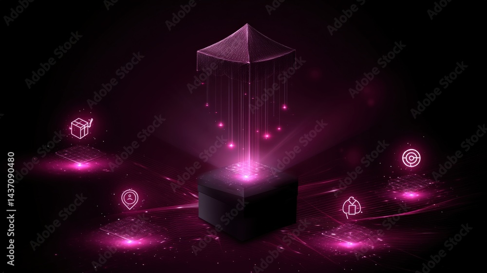 Aufkleber futuristic digital package with emanating lights and data elements in a dark environment