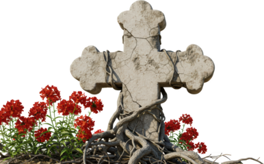 Ancient Stone Cross Weathered and Overgrown with Vines and Red Flowers