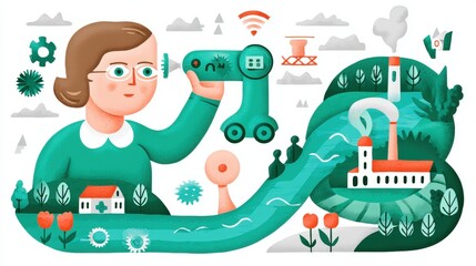 Fototapeta premium Woman Holding Green Device Panoramic View of Nature and Industry with Illustration Elements